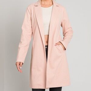 Blush Gingham Midweight Blazer Coat | Open Front Longline Jacket NWT